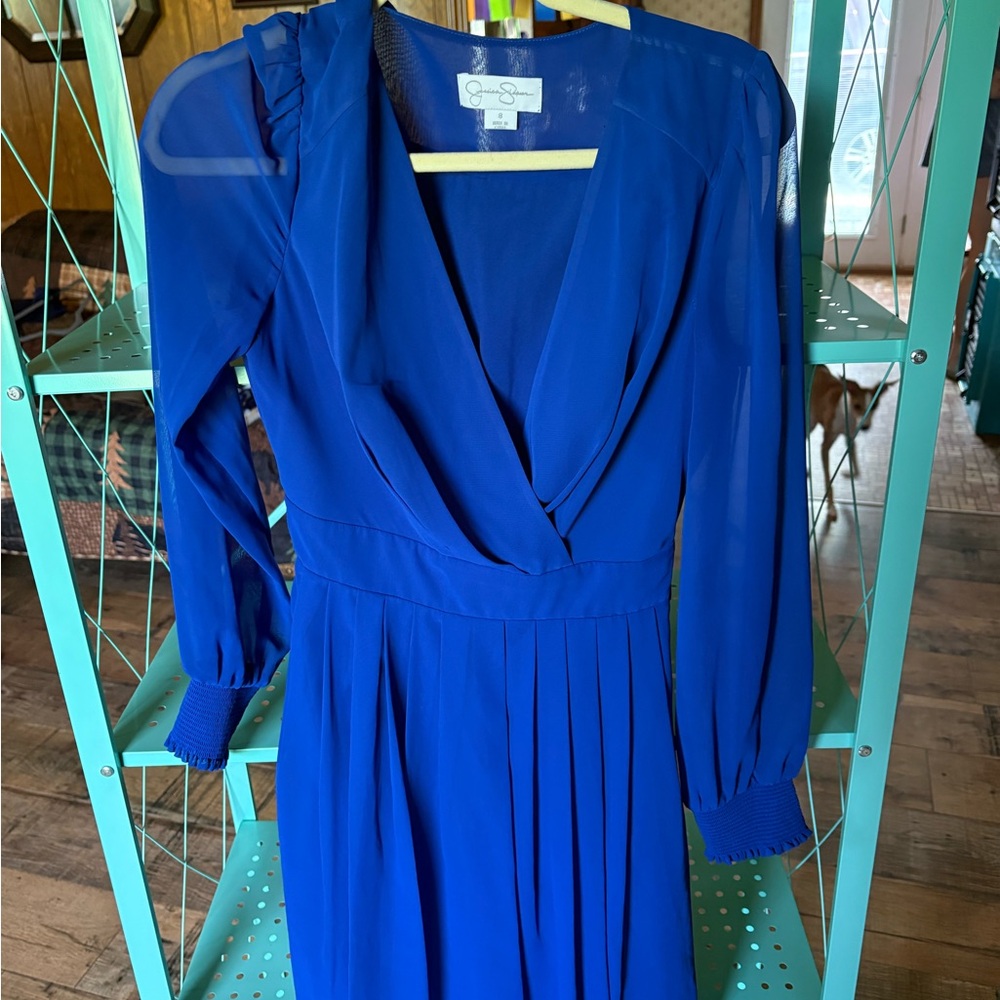 Jessica Simpson Blue Pleated Wrap Dress with Bishop Sleeves